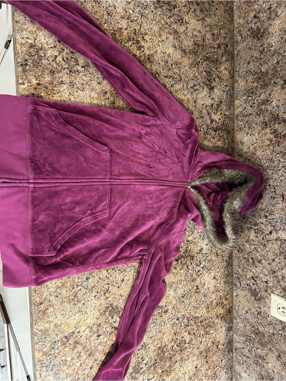 Juicy Couture Plum Velour matching set  with jacket Faux Fur Trim